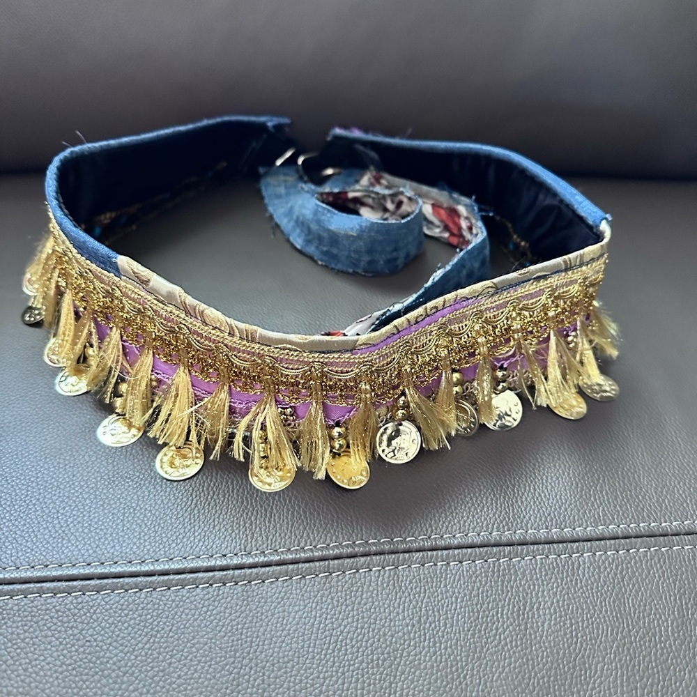 Artisan Denim Belt Tribal goddess belly dancer, shimmy gold coin fringe signed